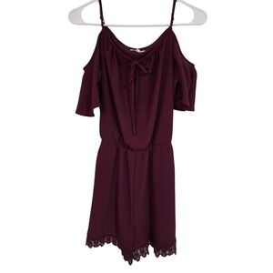 maurices Burgundy Cold Shoulder Romper Medium Lace Trim Pockets Boho